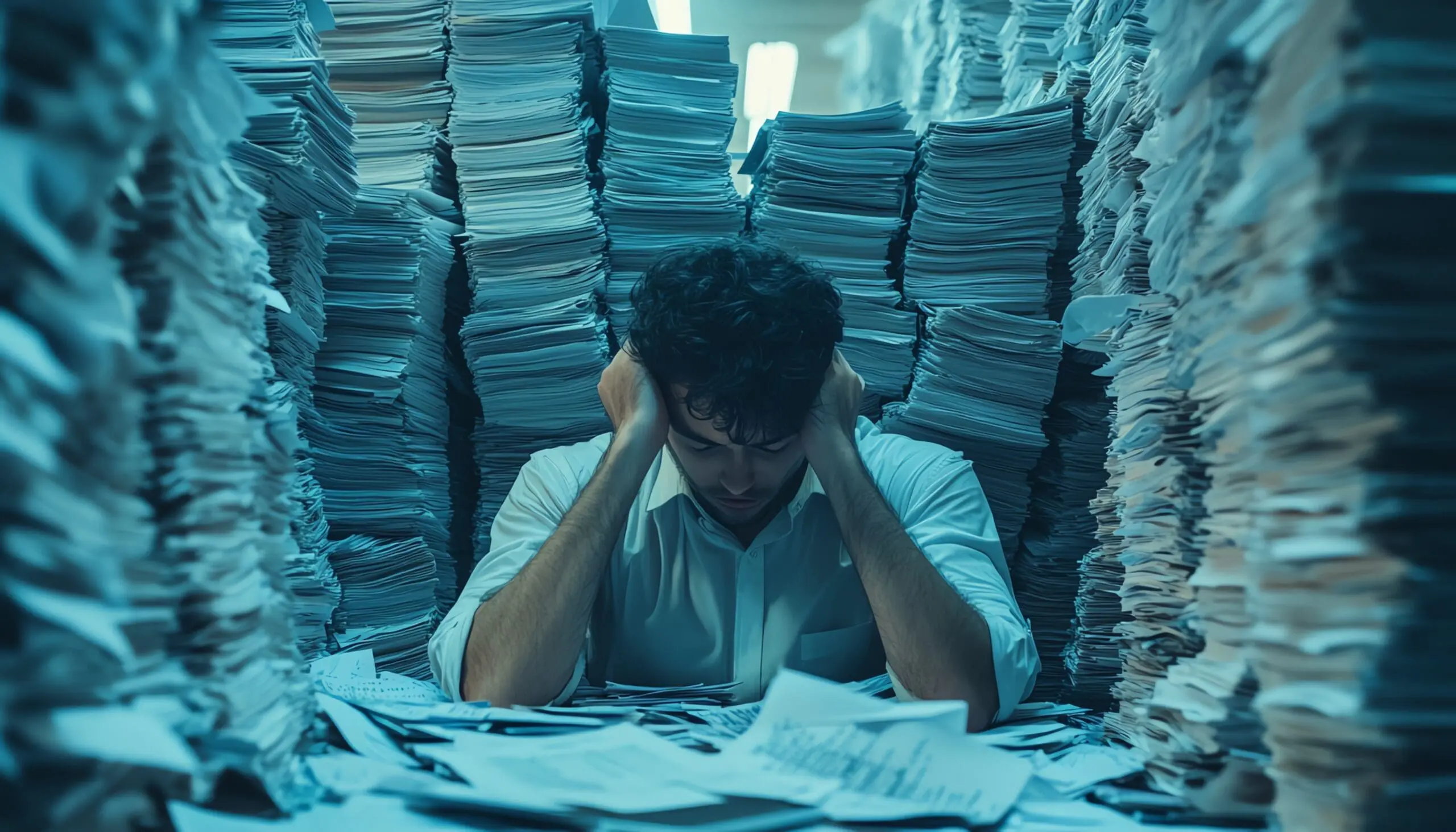 Man overwhelmed by towering stacks of papers, symbolizing the disorder and chaos in bookkeeping and recordkeeping tasks